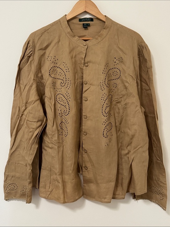 Ralph Lauren Tops - Ralph Lauren Tan Button-Down Eyelet Embroidered Shirt